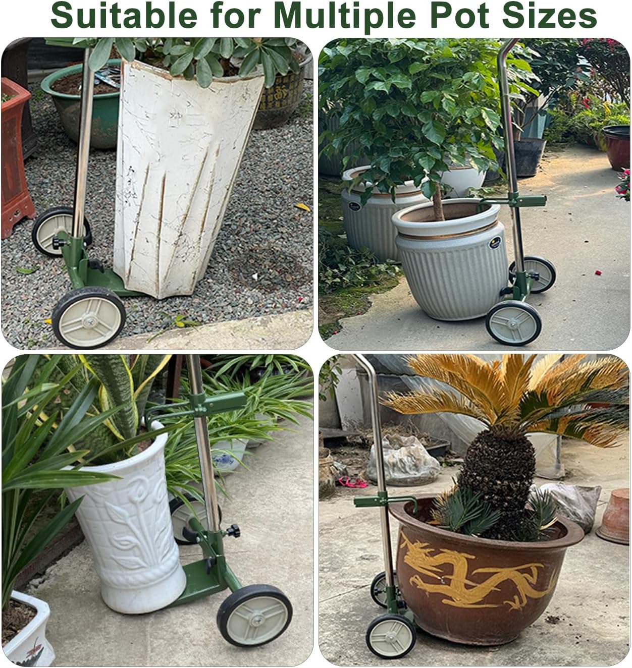 Heavy Duty Plant Mover with Wheels, Adjustable Pot Lifter Dolly for Large Potted Plants, Flat-Free Rubber Wheels, Ergonomic No-Lift Design, Steel Base, 220 LBS Capacity