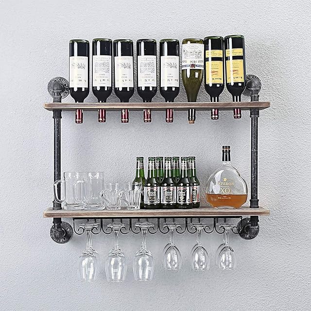 DOUNAYEE Industrial Rustic Wine Racks Wall Mounted 2-Tiers Wood Floating Shelves Pipe Hanging Wine Rack with Glass Holder-Hanging Champagne Stemware Rack Home Kitchen Bar Display Rack (24'')