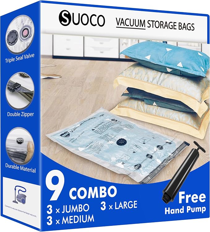 SUOCO Bolsas al Vacío Ropa, Juego de 9 Bolsas (3J + 3L + 3M) con Bomba de Mano, Bolsas de Almacenaje al Vacío para Ropa y Edredones, Viaje y Hogar, Resistente y Reutilizable