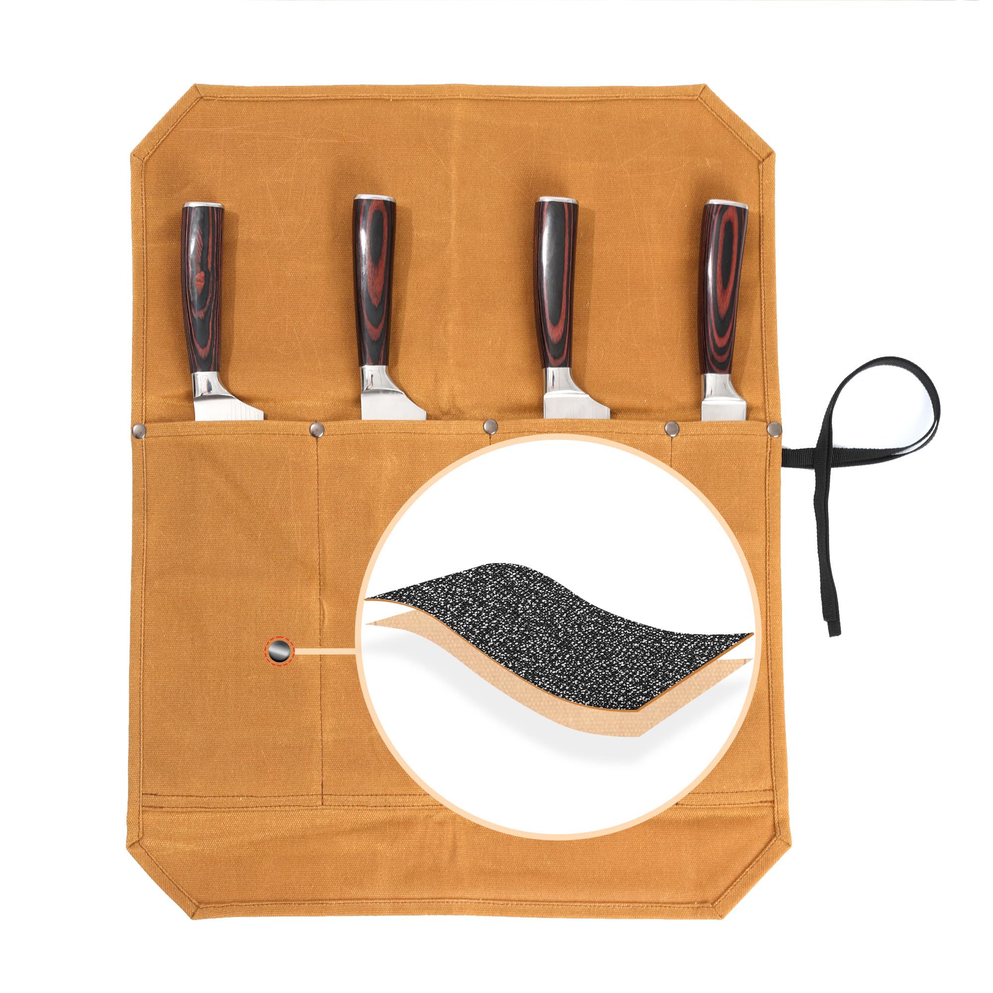 Bolsas para rollo de cuchillos, soporte para cuchillos de lona encerada de 16 onzas (4 ranuras y tela especializada anticorte), bolsa multiusos para cuchillos con cuerda de corbata, caqui