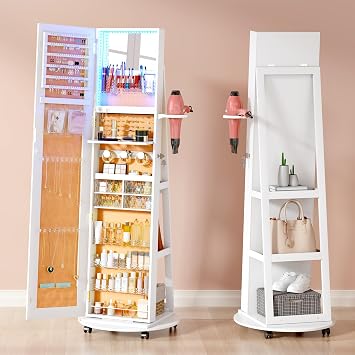 Lvifur 360Swivel Jewelry Cabinet with Full Length Mirror,LED Jewelry Armoire with Built-in Mirror,Lockable Mirror Cabinet Standing with Rear Storage Shelf,Lockable Wheels,Foldable Makeup Shelf