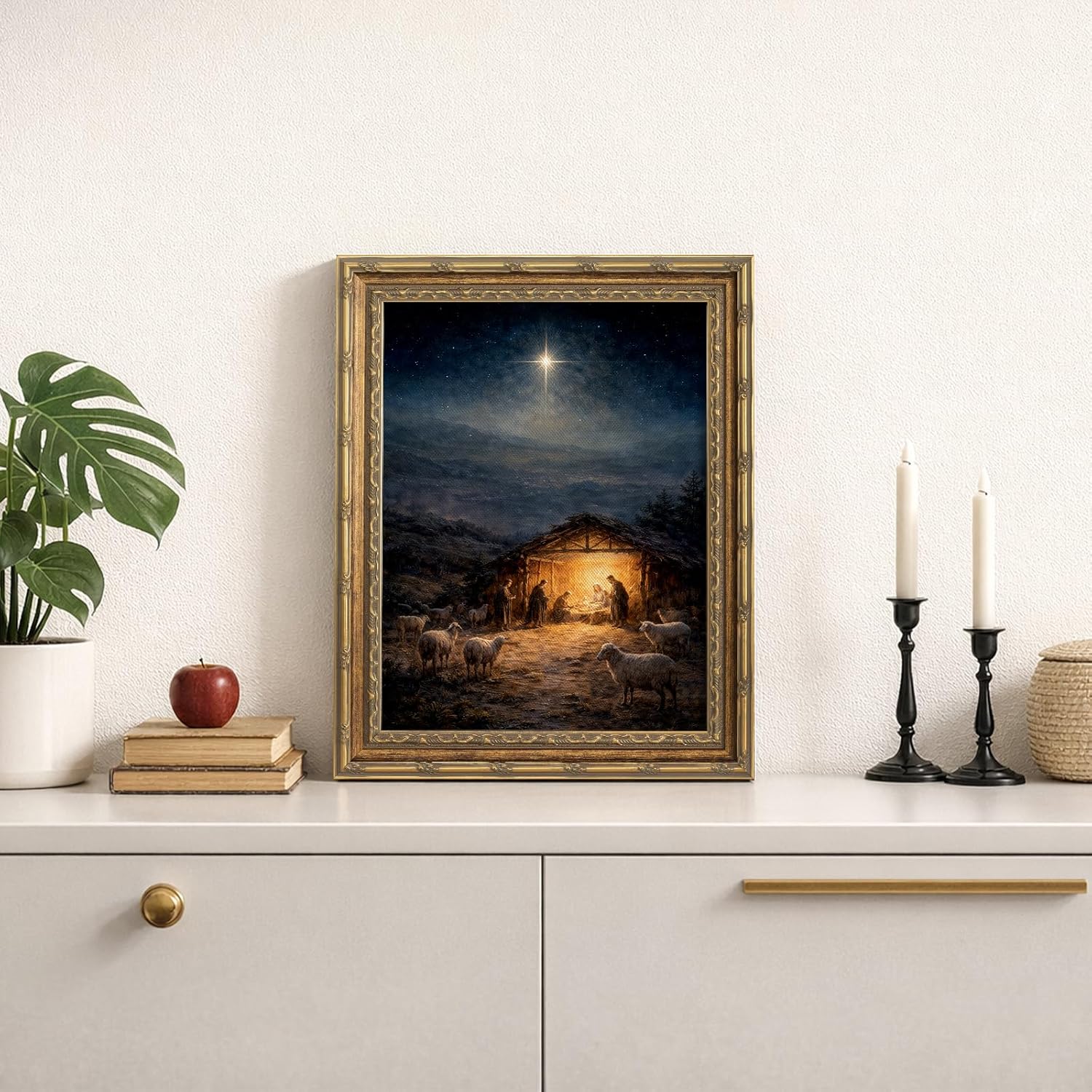 HUARCEY 13"x16" Glass Nativity Scene Framed Canvas Wall Art, Jesus Birth Christian Wall Decor Vintage Gold Frame with Bethlehem Star, Religious Easter Painting for Living Room Church Home Decor