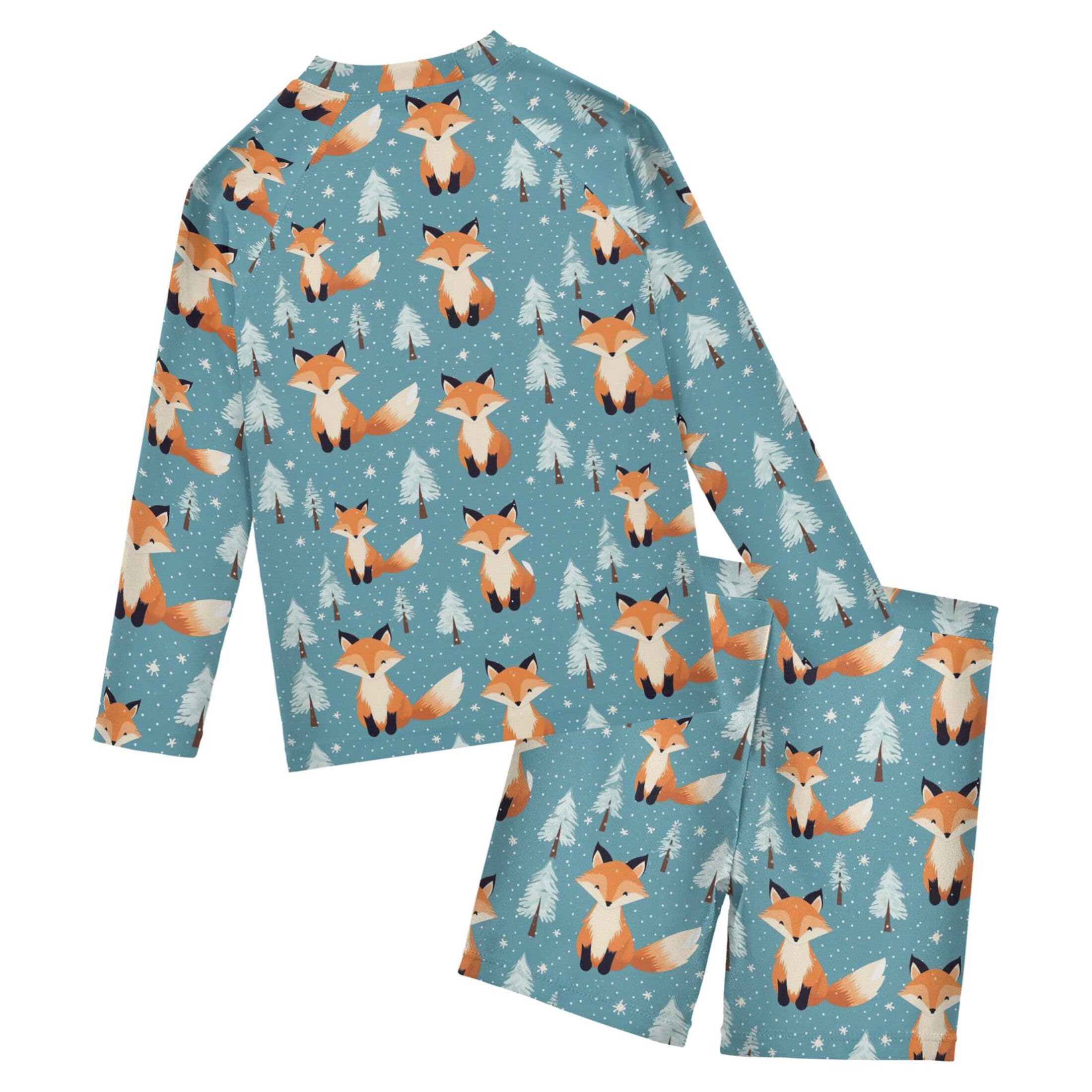 Fox Animal Cute Boys Rash Guard Swimsuits Set for Boys Long Sleeve Swim Shirts Bathing Suits with Trunks B0402781