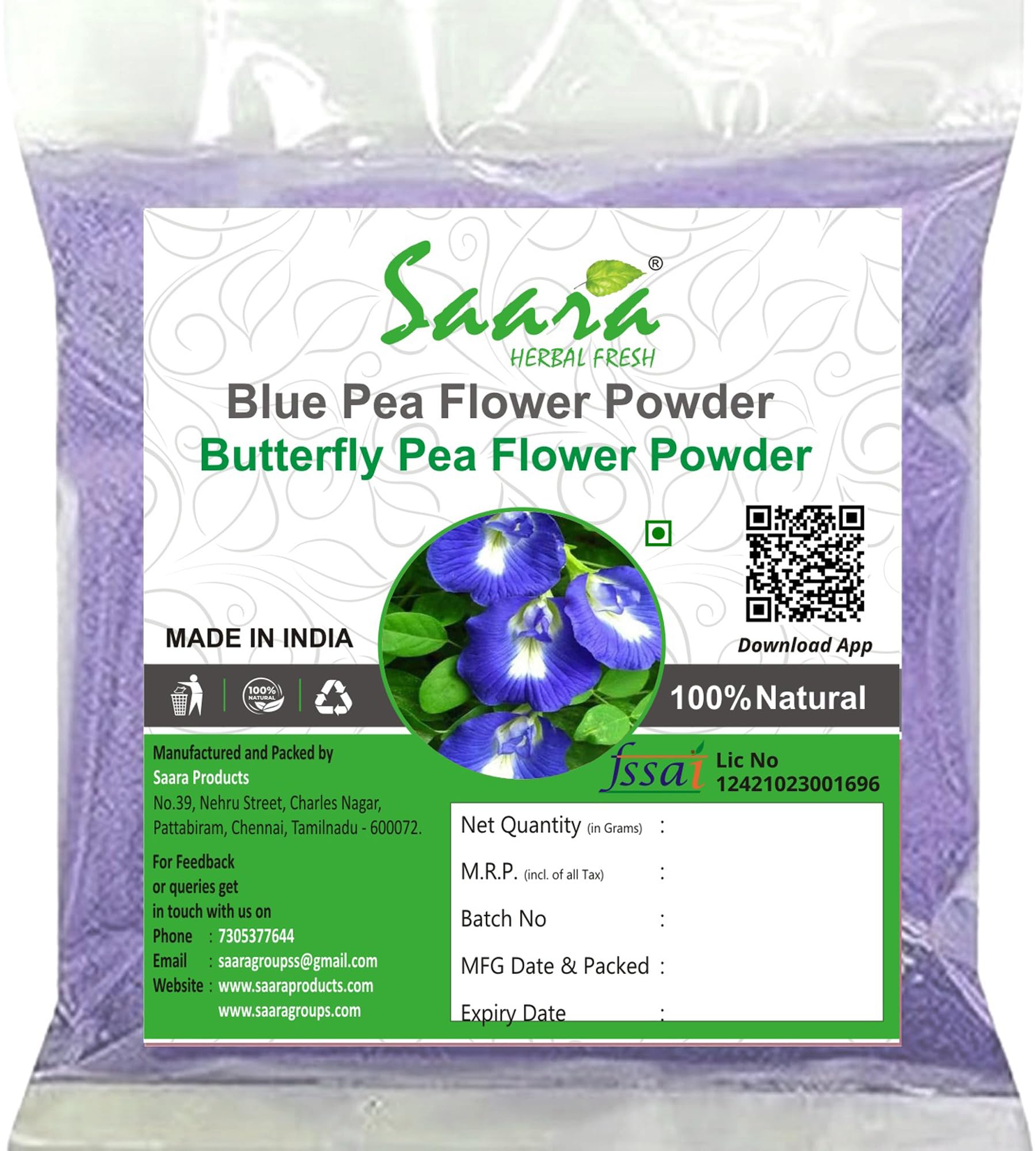 Saara HERBAL FRESH Blue Pea Flowers Powder, 50g, Butterfly Pea Flower Tea, Aprajita, Asian pigeonwings, Cordofan pea Flower Powder (Pack of 1 X 50g) (B0DF2YZVDC) Amazon Price History, Amazon Price Tracker