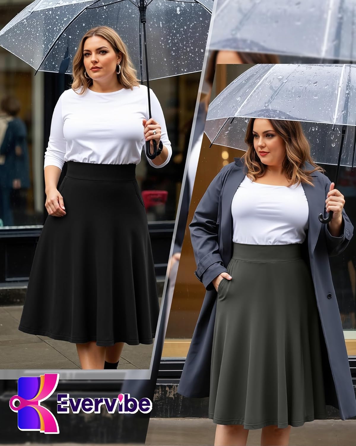 3 Pack Plus Size Skirts for Women, Knee Length Midi Casual Flowy Flared A Line Summer Work Church Skirts with Pocket - Image 2
