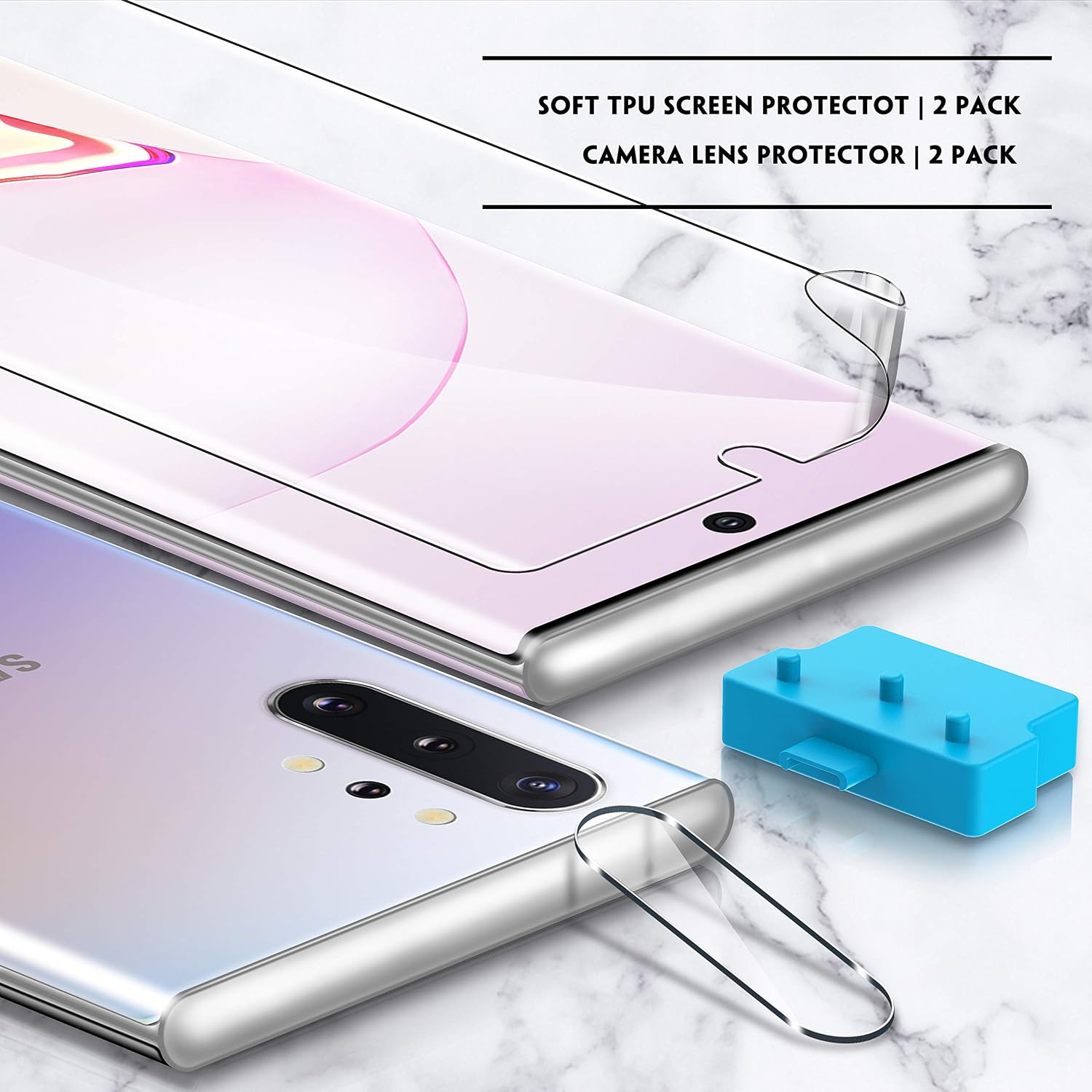 [2+2] UniqueMe Screen Protector for Samsung Galaxy Note 10 Plus, 2 Pack Flexible Soft Screen Film+2 Pack Camera Lens Protector Tempered Glass, [Support Fingerprint] HD Clear Anti-Scratch