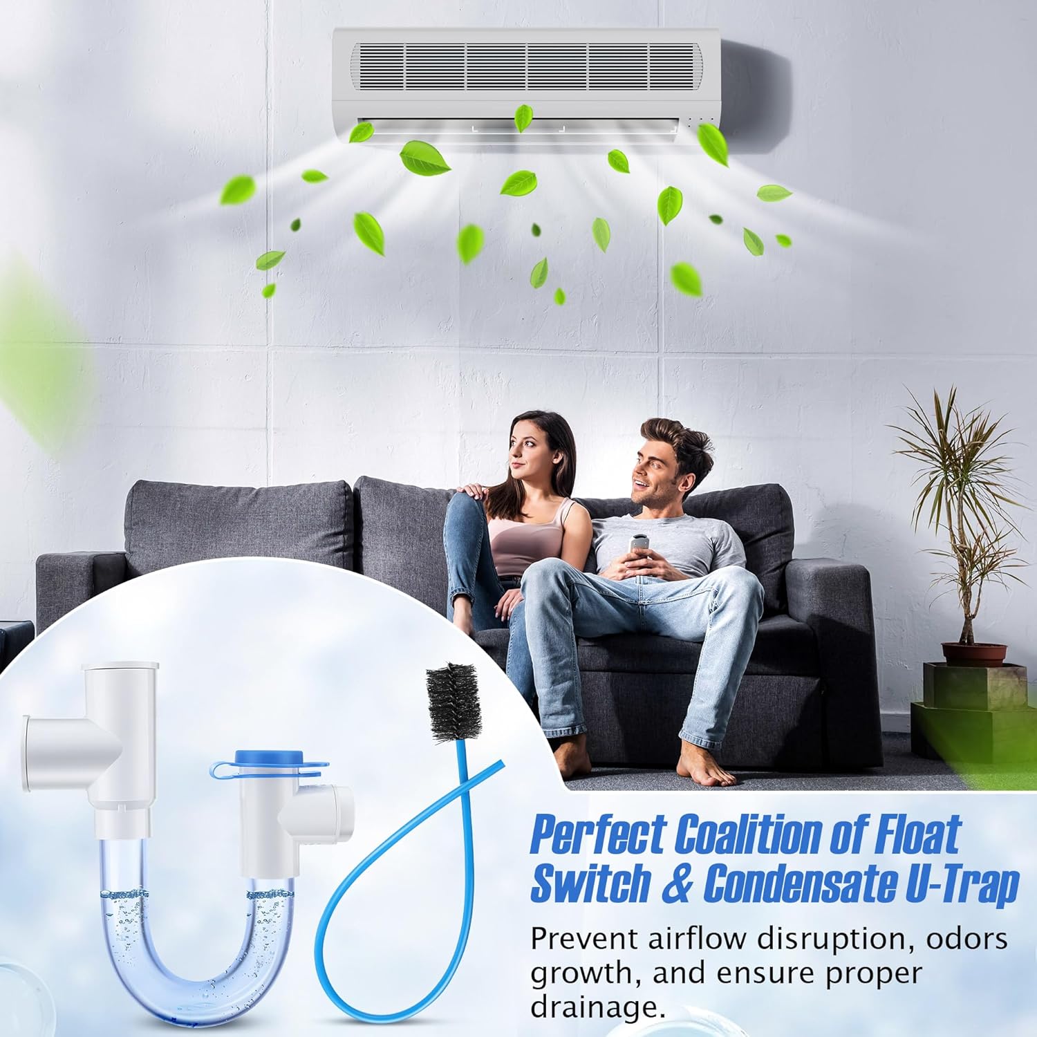 Condensate Trap with Built in Overflow Switch, 3/4" Standard PVC U Trap for HVAC System, Smart Drain Kit with 16'' Cleaning Brush, for Condensate Overflow Detection, Air Conditioner(2 Pack)