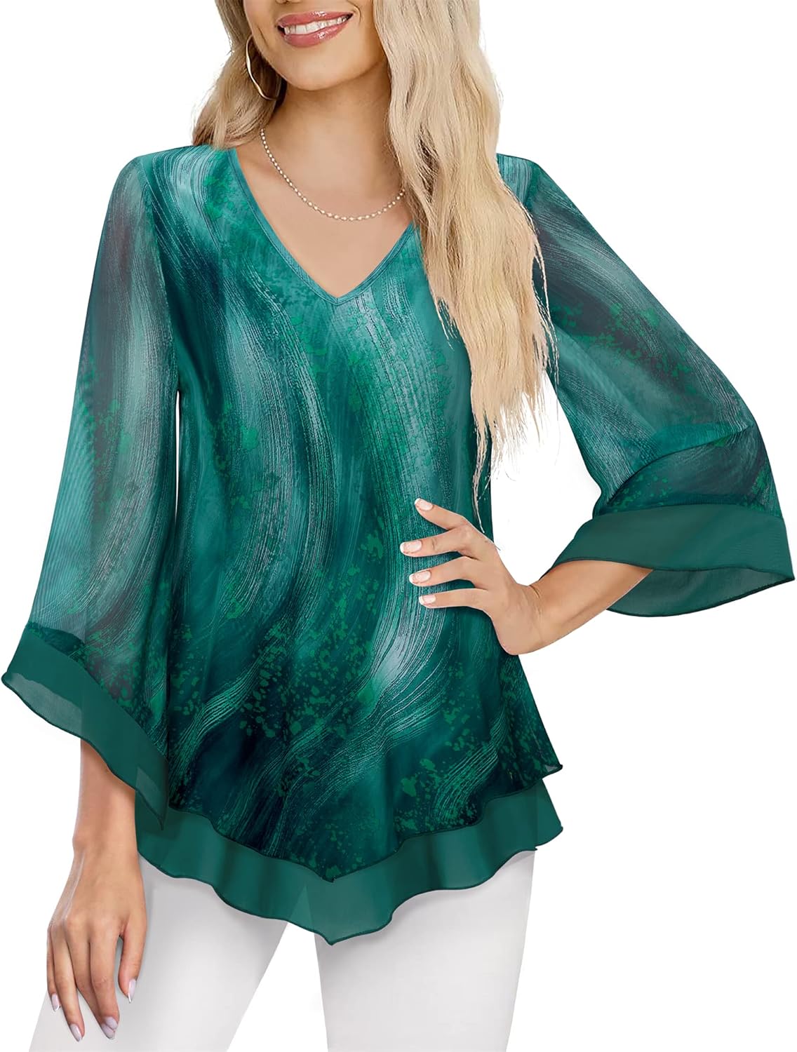 Lotusmile Womens Dressy Blouse Double Layers Mesh Shirt Ruffle 3/4 Flared Sleeve Tunic Tops - Image 2