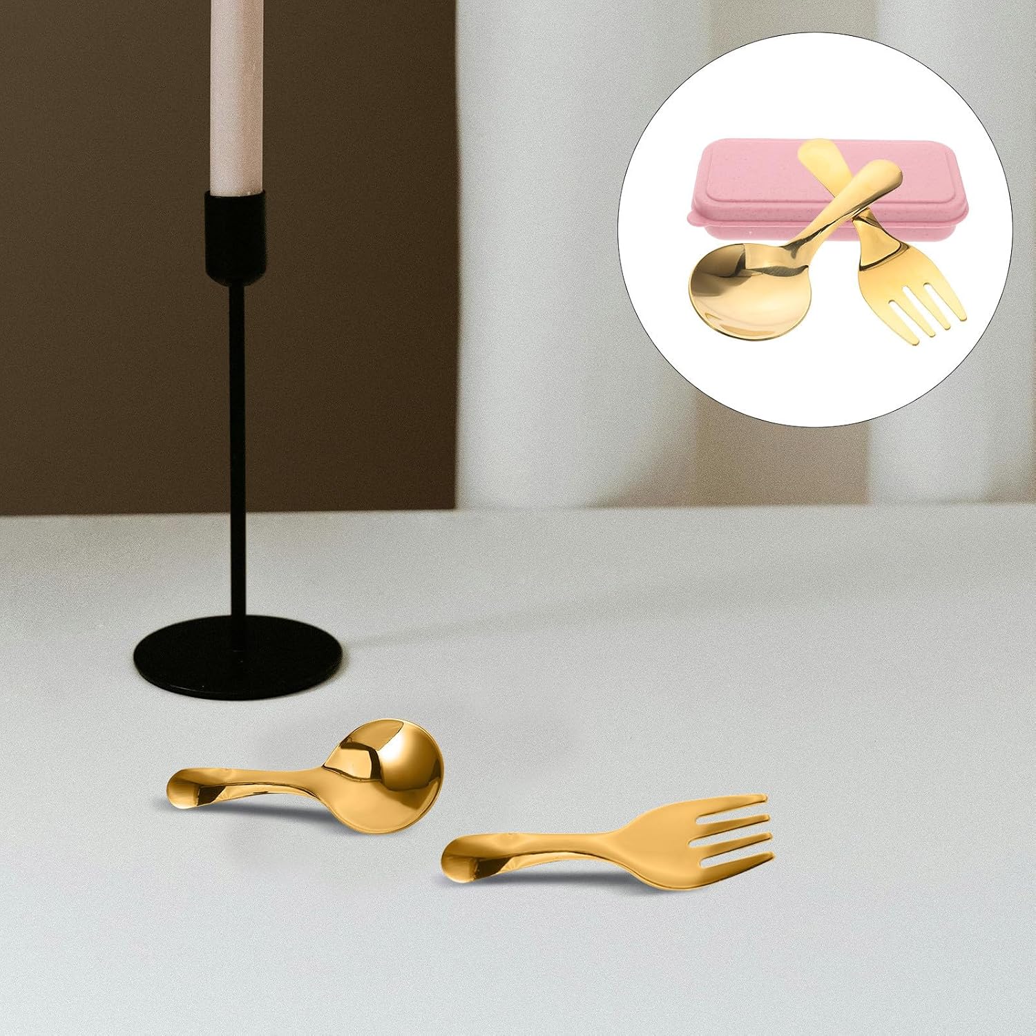Amosfun Outdoor Portable Flatware Set Stainless Steel Fork and Spoon with Pink Case Reusable Travel Tableware for Camping Picnic Hiking