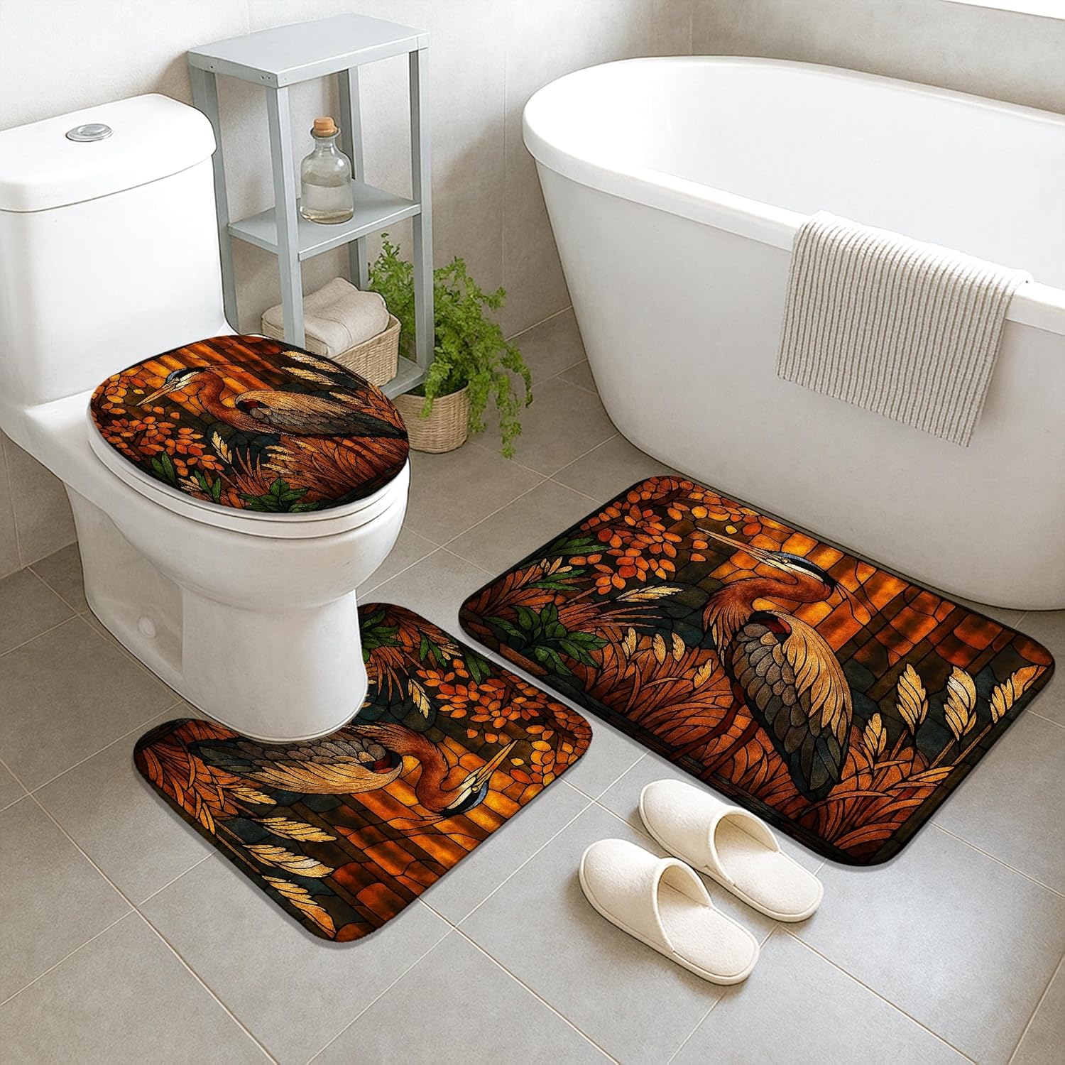 4Pcs Stained Glass Shower Curtain Set, Orange Heron Floral Bath Mat Rugs Accessories for Bathroom Decor, Autumn Waterproof Fabric Shower Curtain Set 72x72 Inch