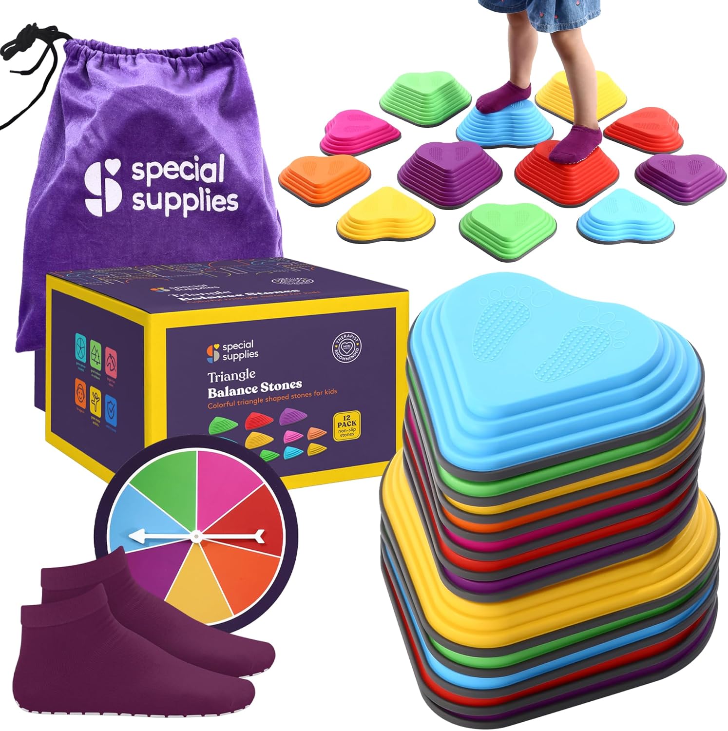 Special Supplies Stepping Stones for Kids Indoor and Outdoor Balance Blocks Promote Coordination, Balance, Strength Child Safe Rubber, Non-Slip Edging (Multi-Color, 12)