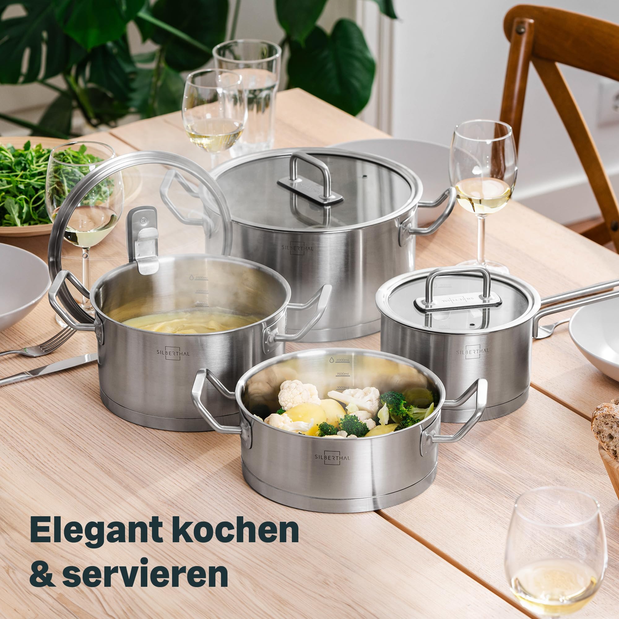 SILBERTHAL Edelstahl Topfset 4-teilig | Kochtopf 2,5l, 3,5l, 5l & 5,8l im Set für alle Herdarten inkl. Induktion & Ofenfest - Töpfe mit Glasdeckel