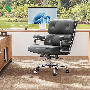 cebihy Executive Leather Home Office Chair with Top Grain Leather, Mid Back Comfortable Desk Chairs, Ergonomic Back Support Home Computer Swivel Chairs with Padded Arms, Silent Wheels,Aluminum Frame