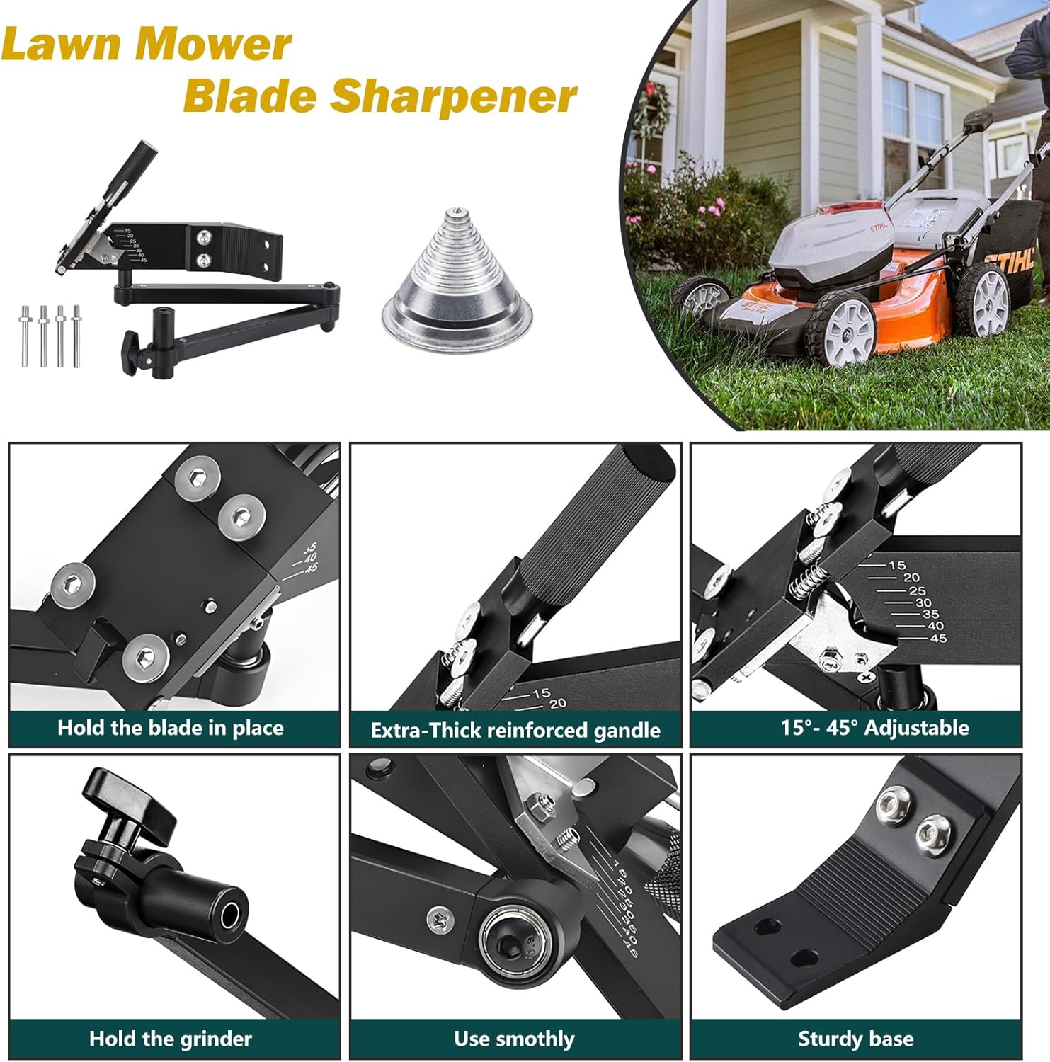 TIWAN Lawn Mower Blade Sharpener - Updated Ball Bearing Manufacturing Handle, Suitable for Right and Left Hand Blades, Mower Blade Sharpener Tool Kit with Lawn Mower Blade Balancer,5005, Black