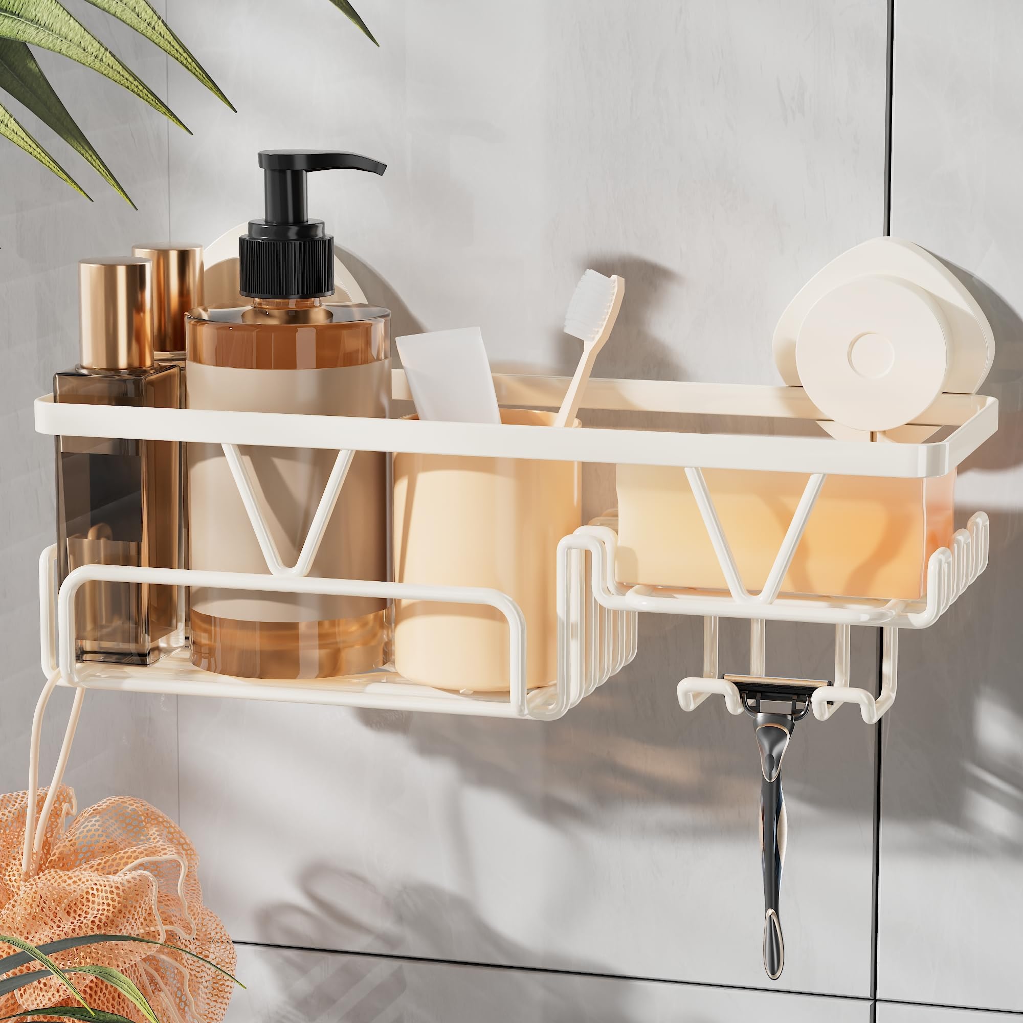 Shower Caddy Suction Cup with Soap Holder and Hooks, Removable Suction Bathroom Organizer Shelf, No Drilling Shower Organizer, Stainless Steel Shampoo Holder for Bathroom Storage, Cream White