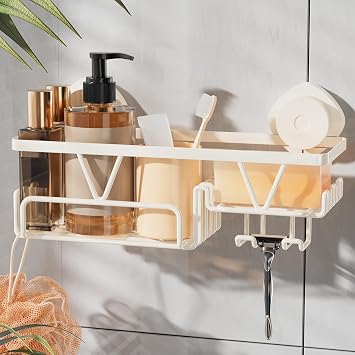 KEGII Suction Cup Shower Caddy with Soap & Razor Holder, Hooks, Cream White | Removable Stainless Steel Organizer for Bathroom Storage, Easy Repositioning Without Wall Damage on Smooth Surfaces