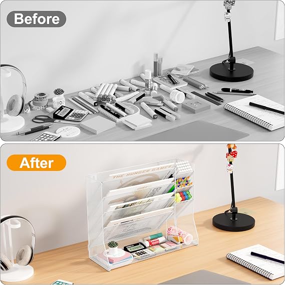 TQVAI 5 Tier Wall File Organiser with 3 Slots Pen Holder Stationary Organiser A4 Paper Document Storage Mesh Desk Tidy Supplies in Tray for Office Home School, White