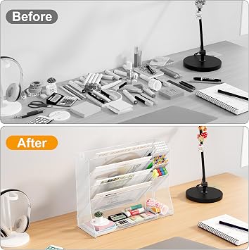 TQVAI 5 Tier Wall File Organiser with 3 Slots Pen Holder Stationary Organiser A4 Paper Document Storage Mesh Desk Tidy Supplies in Tray for Office Home School, White