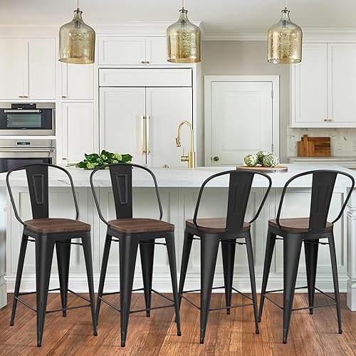 Miniatura 7 de Yongqiang Barstools Set of 4 Counter Height Bar Stools for Kitchen Island Farmhouse Metal High Back Bar Chairs Wooden Seat 24" Matte Black Negro