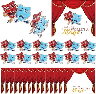 Huquary 36 Pcs Theater Gifts Drama Masks Pins with 36 Pcs Greeting Cards Comedy Tragedy Masks Hat Pin Performance Award Theater Lapel Badge for Drama Students Reward