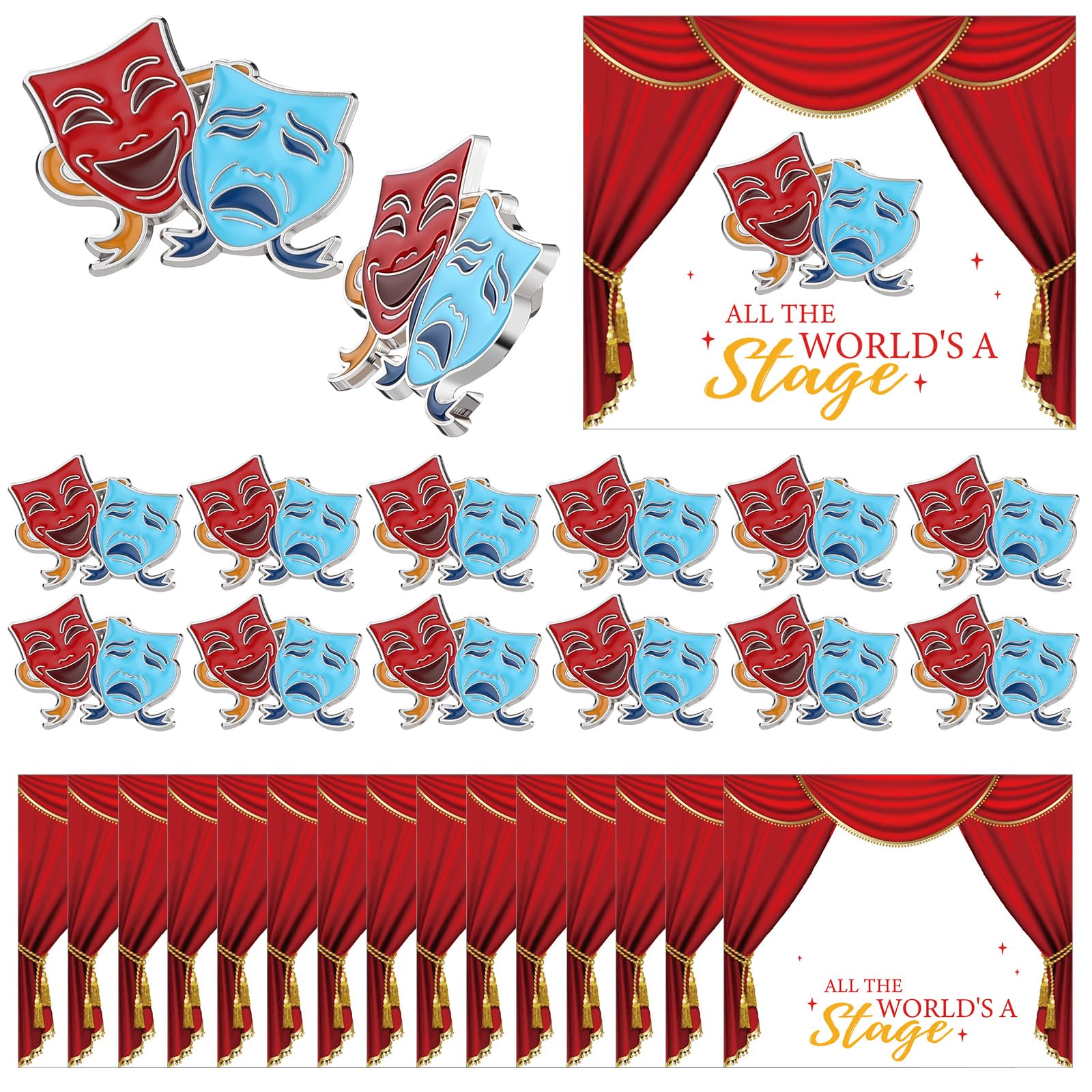 Huquary 36 Pcs Theater Gifts Drama Masks Pins with 36 Pcs Greeting Cards Comedy Tragedy Masks Hat Pin Performance Award Theater Lapel Badge for Drama Students Reward