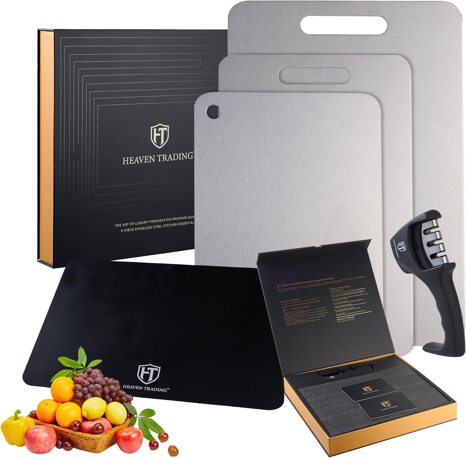 5-Piece Non Toxic Cutting Board Set with Sharpener, Premium Stainless Steel Cutting Boards for Kitchen, Silicone Mat, Care & Thank You Card, Luxury Gift Box for Home Chefs – HEAVEN TRADING