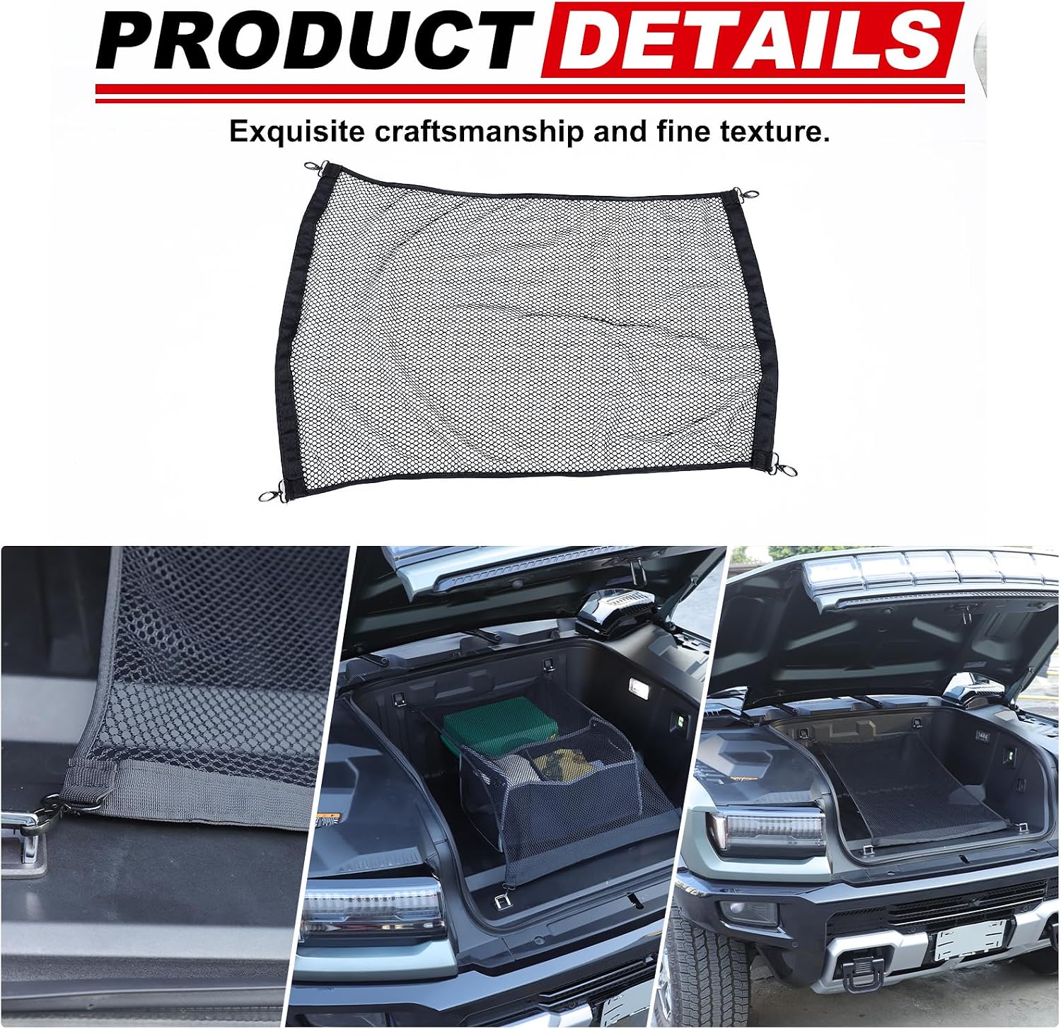 Front Trunk Cargo Net for Hummer EV Accessories Envelope Style Storage Stretchable Highly Elastic Front Trunk Cargo Net for Hummer EV SUV Pickup 2022-2024 2025 Double Mesh Netting with Metal Hooks
