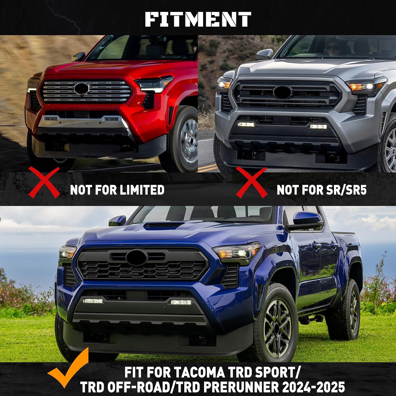 LED Grill Lights - 4PCS Front Grill Lights for Toyota Tacoma TRD Sport TRD Off-Road TRD Pre Runner 2024 2025 2026 with Fuse Adapter & Harness (Amber Light with Black Shell)