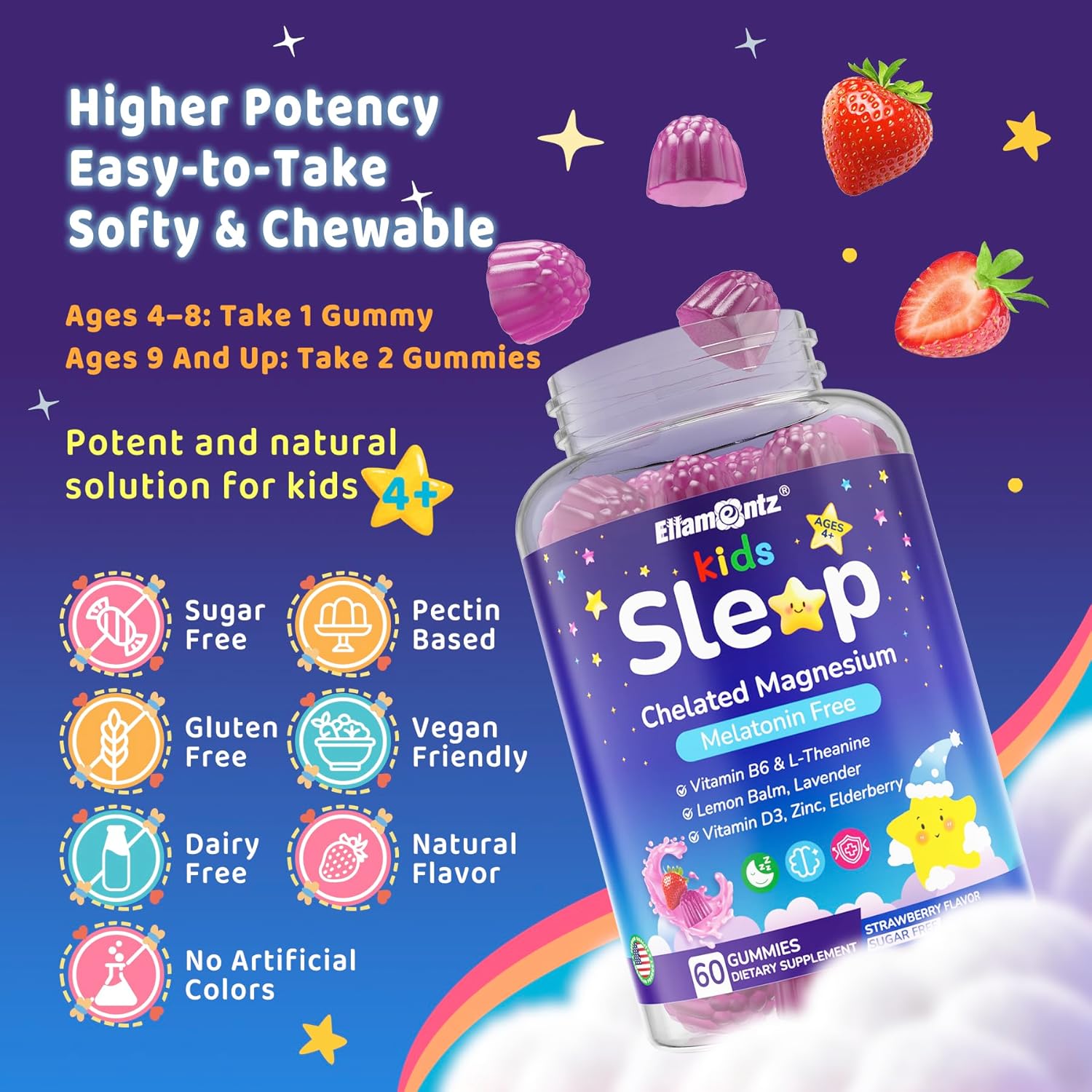 Kids Sleep Gummies, NO Melatonin Sleep Aid Gummies w/Magnesium Glycinate, Magnesium Malate, L-Theanine, Lavender, B6, Zinc, D3K2 for Restful Sleep, Relax Brain & Muscle, Immune Support, Non-GMO 1Pack - Image 7