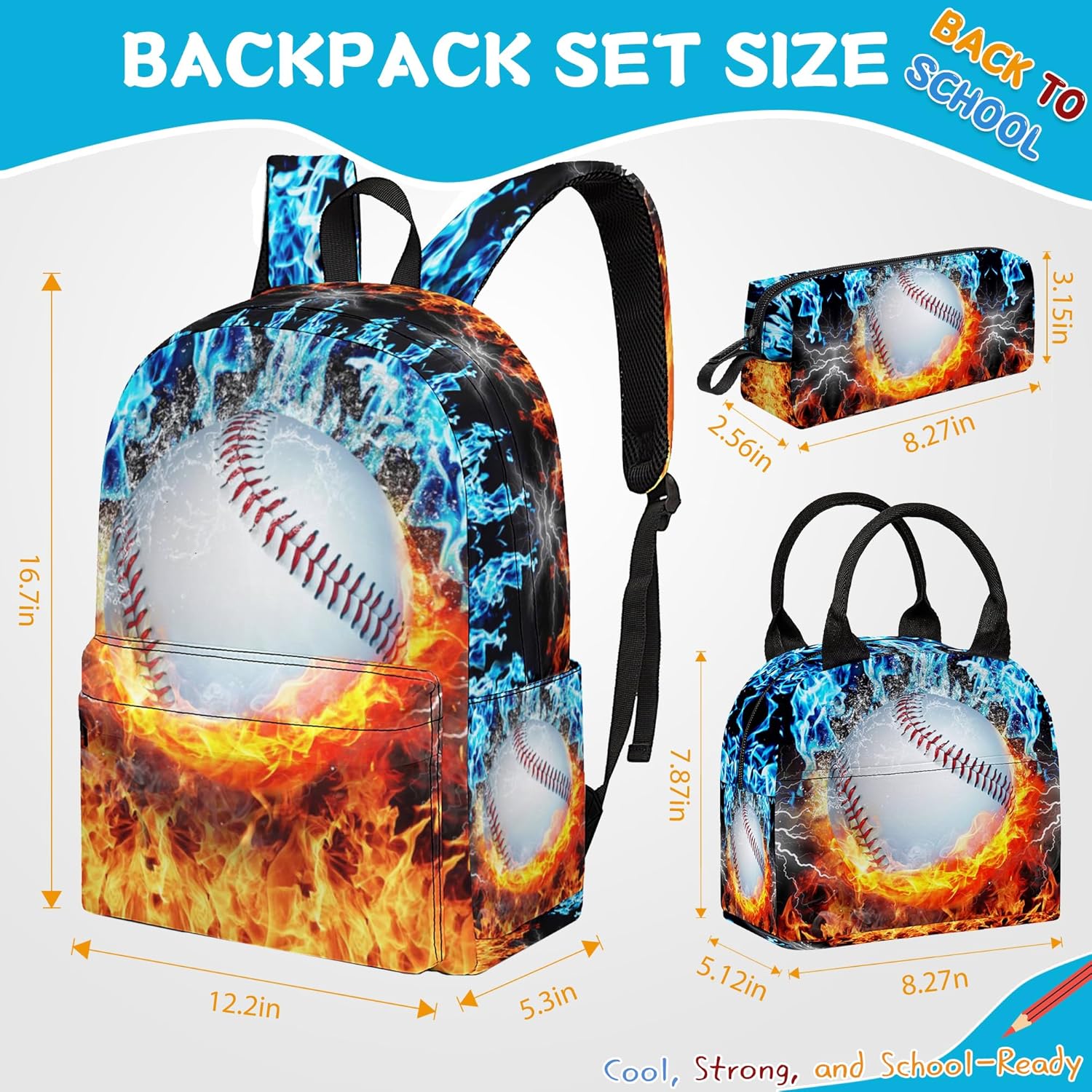 3PCS Baseball Backpack Set for Boys, Large Lightweight 17 Inch Backpack with Lunch Bag & Pencil Case for Kids, Back to School Cool Sports Bookbag for Elementary Middle School -Fire