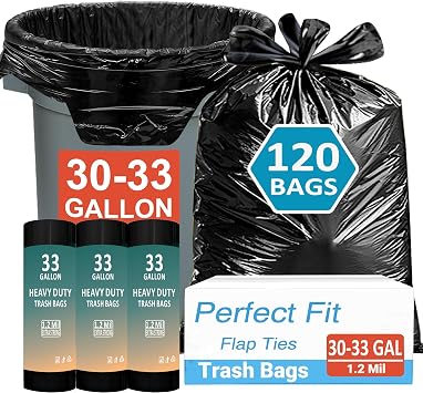 33 Gallon Trash Bags 120 Count 1.2 Mil Compatible with Brute 32 Gallon Can | with 4 Innovative Flap Ties Heavy Duty for 30 32 33 Gallon Round Trash Can Tear & Leak Resistant
