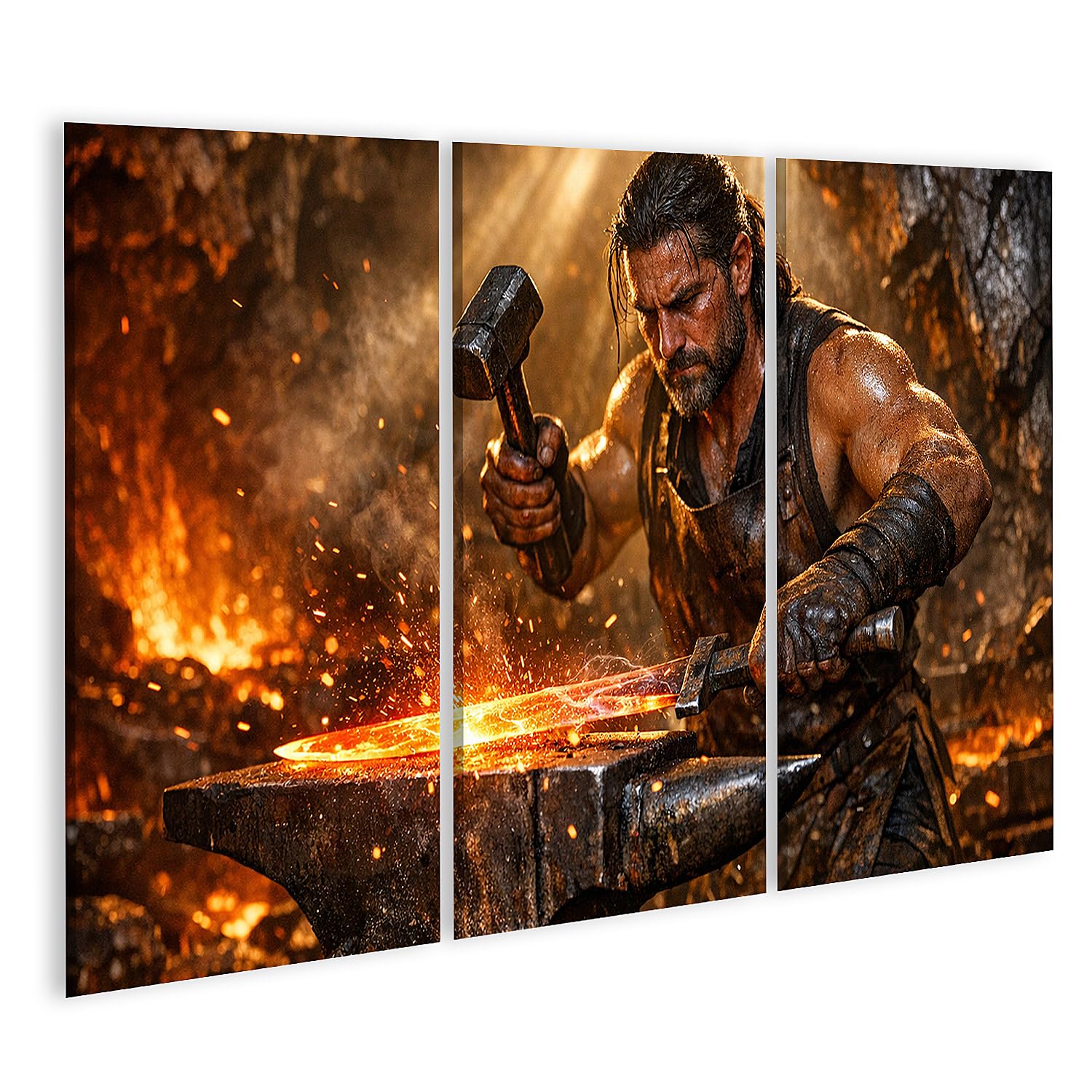 Tableau sur toile forgeron héroïque déco murale salon triptyque aventure 3 pièces