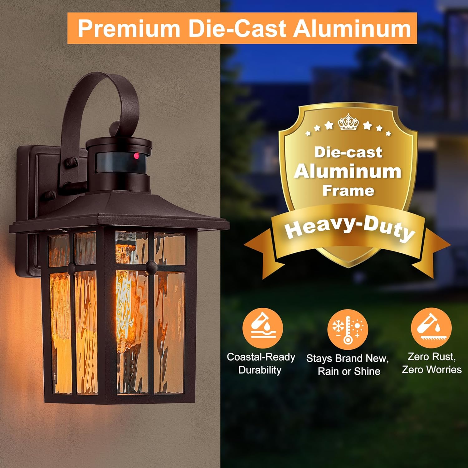 Motion Sensor Outdoor Wall Lights Fixture, 3 Lighting Modes Aluminum Exterior Wall Sconce with Ripple Glass, Bronze Dusk to Dawn Proch Light, Outside Wall Lantern for Garage, House