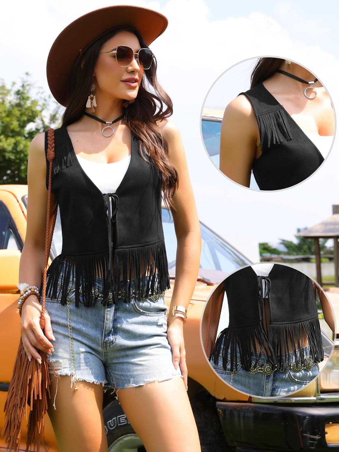 Allegra K Fringe Vests for Women's Cowgirl 70s Sleeveless Faux Suede Tassel Vest Top - Image 4
