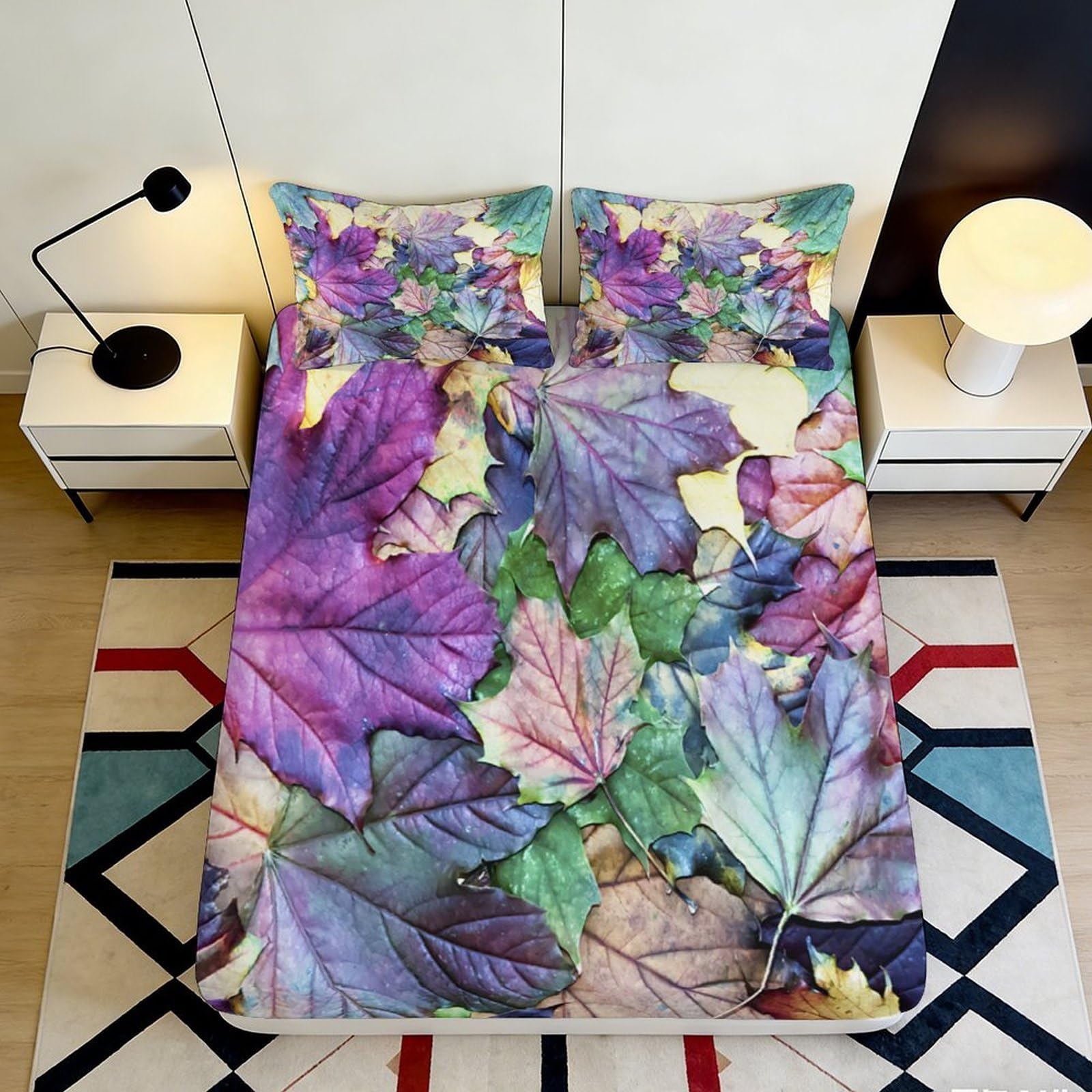 3D Printed Autumn Leaves Fitted Sheet Microfiber Soft Breathable Maple Leaf Mattress Cover Bedroom Decor 90x200x25cm
