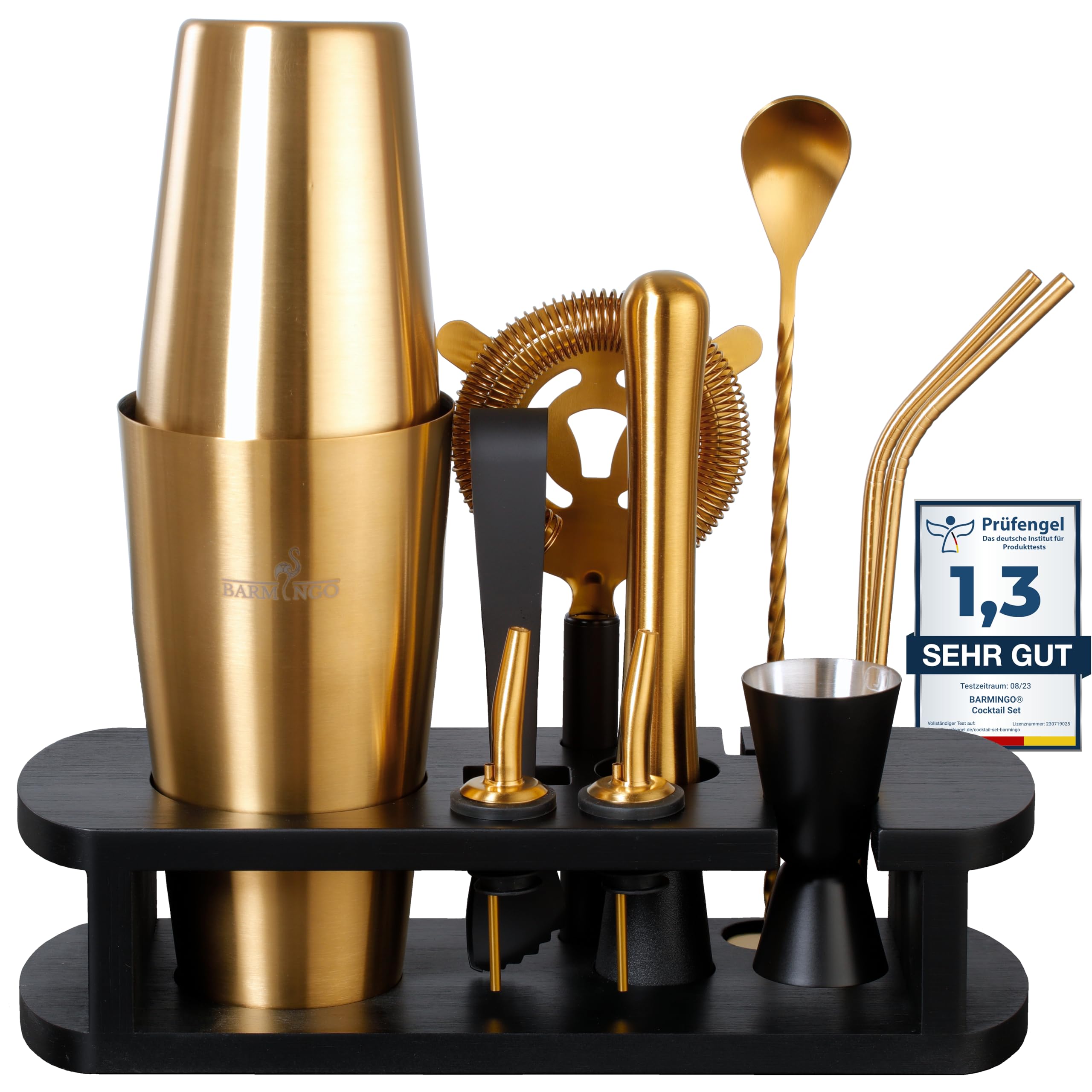 BARMINGO Edelstahl Cocktail Set 11tlg – 825ml Boston Shaker Set mit Ständer und Bar Zubehör