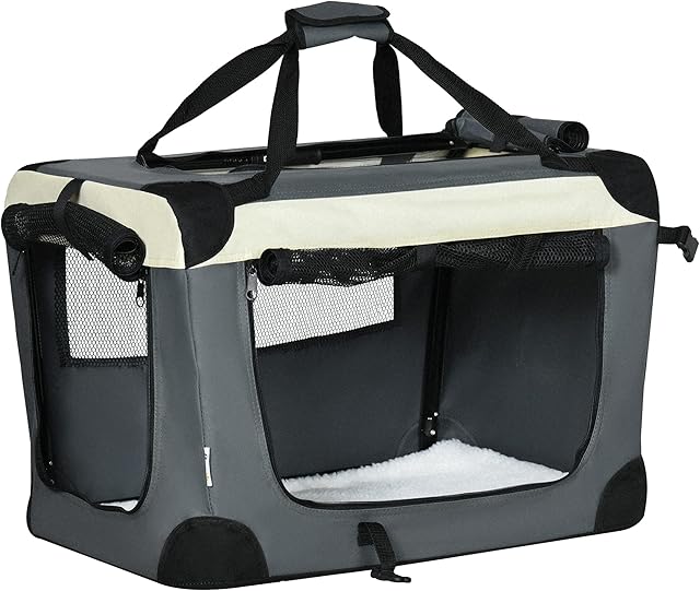 PawHut 60cm Foldable Pet Carrier Cat Bag, Portable Kitten Carrier, Pet Travel Bag w/ Cushion, for Cats and Miniature Dogs - Grey