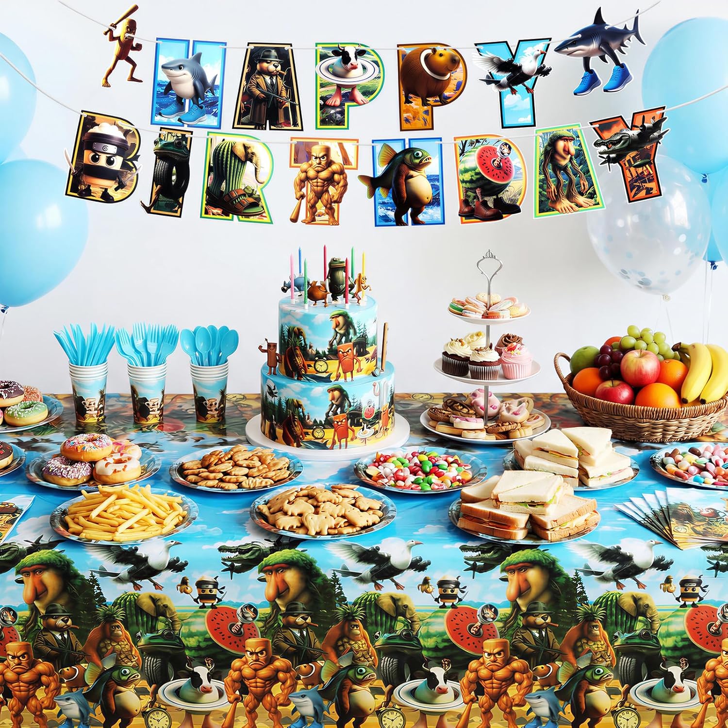 142PCS Italian Brainrot Party Supplies Set, Funny Brainrot Cartoon Animal Paper Plates Cups Napkins Tablecloth Banner Forks Spoons Knives, Disposable Happy Birthday Tableware for 20 Guests
