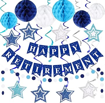 Happy Retirement Party Decorations for Men Women Blue Silver Happy Retirement Banner Honeycomb Balls Pentagram Hanging Swirl Streamers Circle Dots Garland