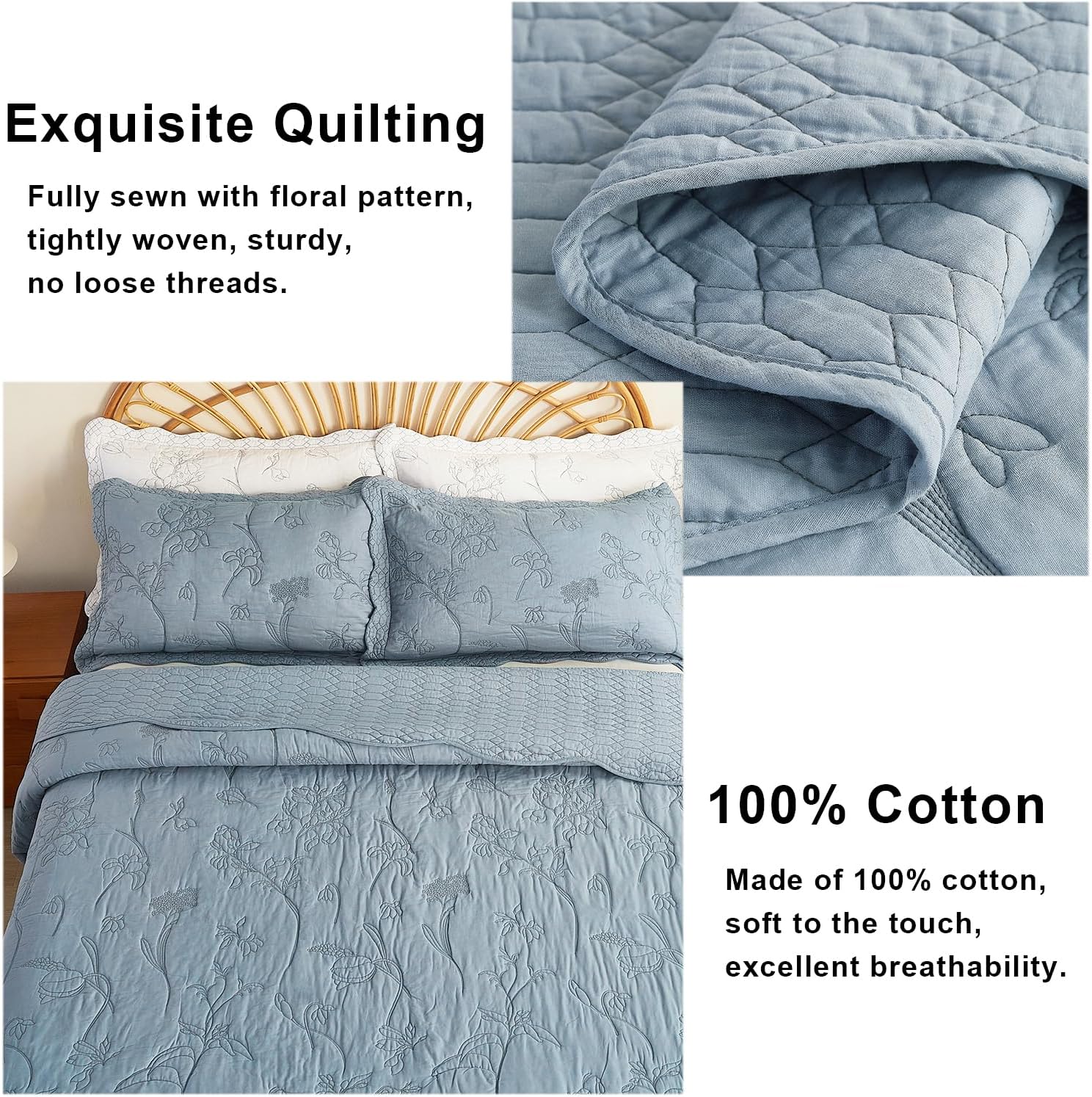 Cmfshape 100% Cotton Oversized King Bedspread,3 Pieces Floral Pattern Stitching Quilt Cal King Embroidery Bedding Set,Reversible Lightweight Soft Bedspread Coverlet for All Season(Bule 114"x102")