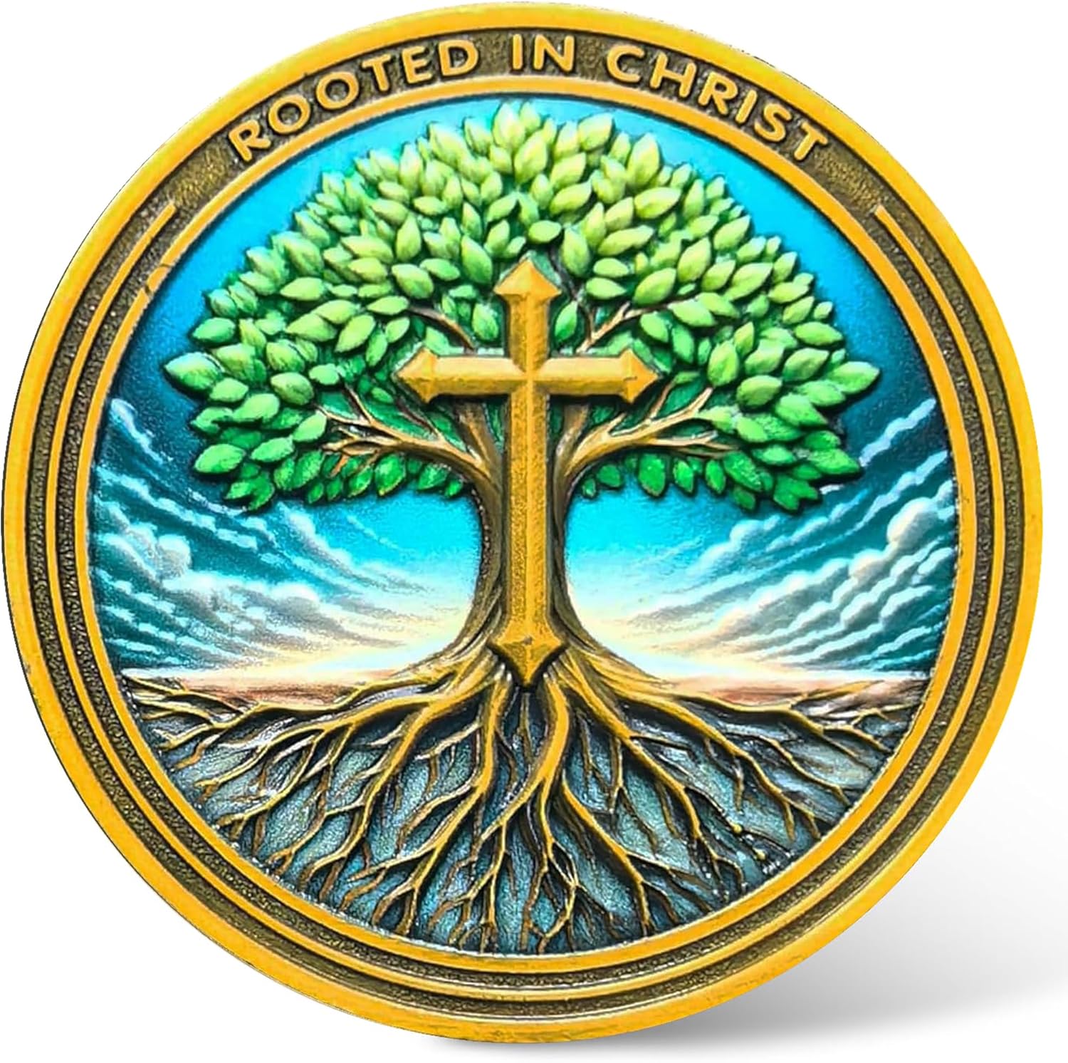 Christian Challenge Coin "Rooted in Christ" - Zinc Alloy, 1.57" Inspirational Coin with Cross and Tree Design, Perfect for Faith, Encouragement, and Collecting