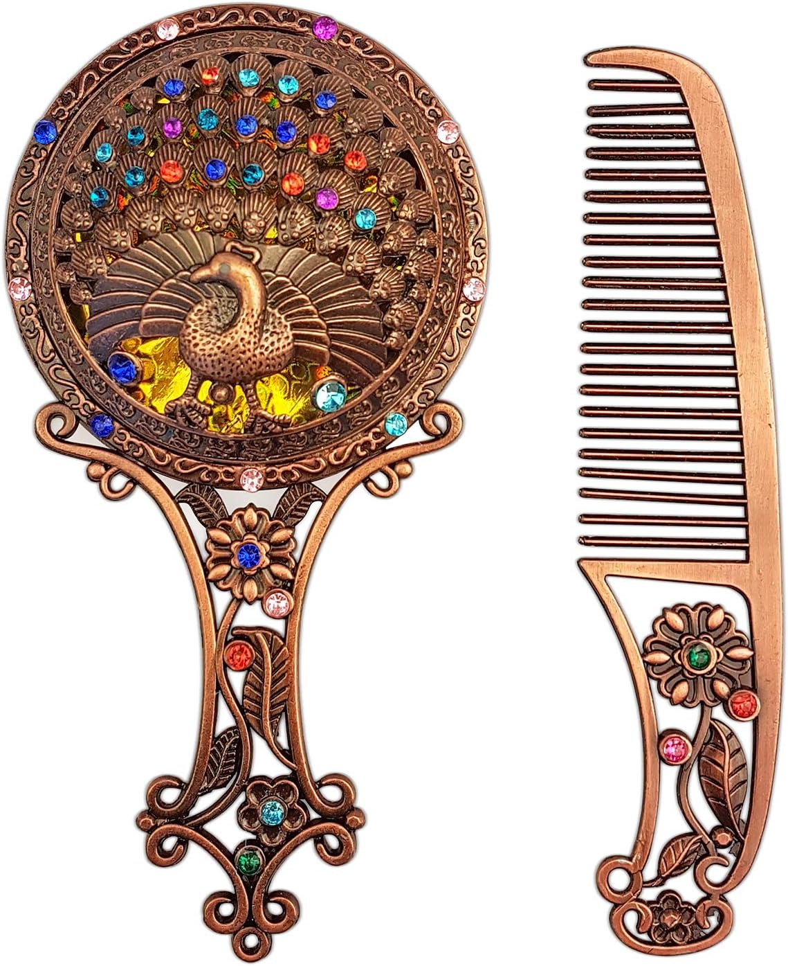MoonGift Vintage Mirror Comb Set - Metal and Shiny Stones Makeup Vanity Table Set Petite Vanity Retro Antique Embellished Mini Hand Mirror Comb Set Creative Gifts '' (1 Pack)