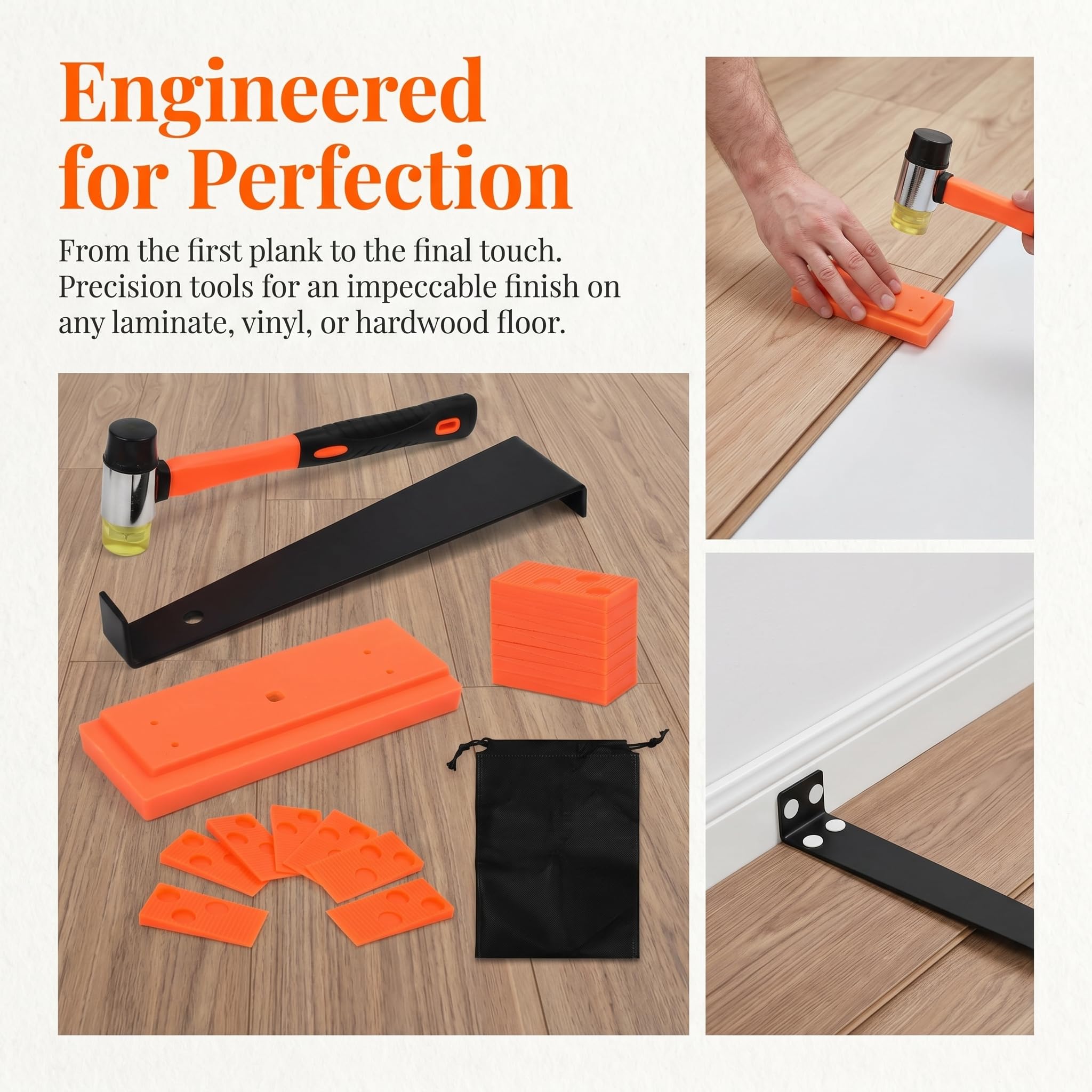 Kit de Instalación de Suelo Laminado, 64 PCS Herramientas para Piso Laminado con Martillo de Goma, Palanca, 60 Cuñas Separadoras, Bloque de Impacto y Bolsa, Kits Colocación de Suelo Laminado