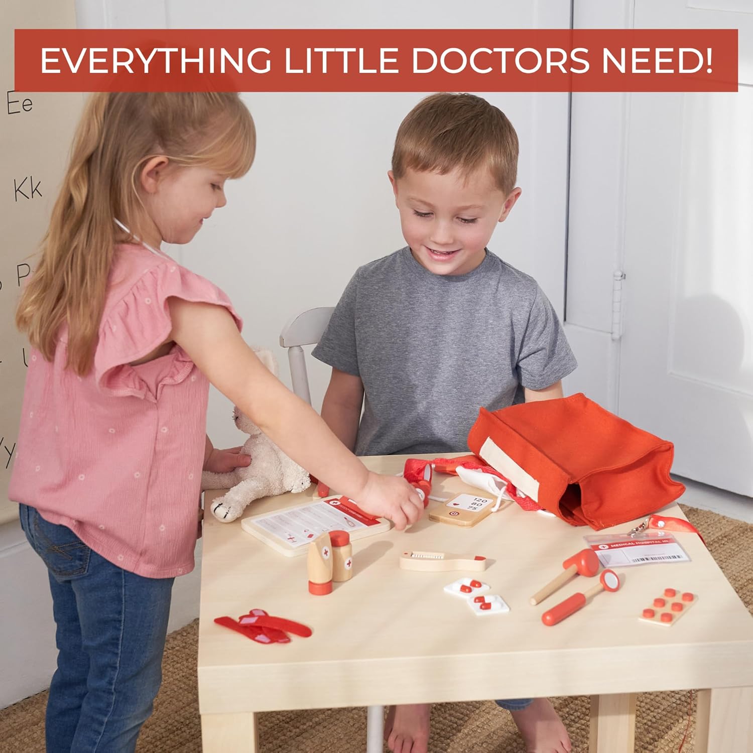 Wooden Doctor Play Set for Toddlers - A Complete Durable Pretend Play Medical Kit for Kids 3-5 with Realistic, Non-Toxic Tools & Carrying Case (Red)