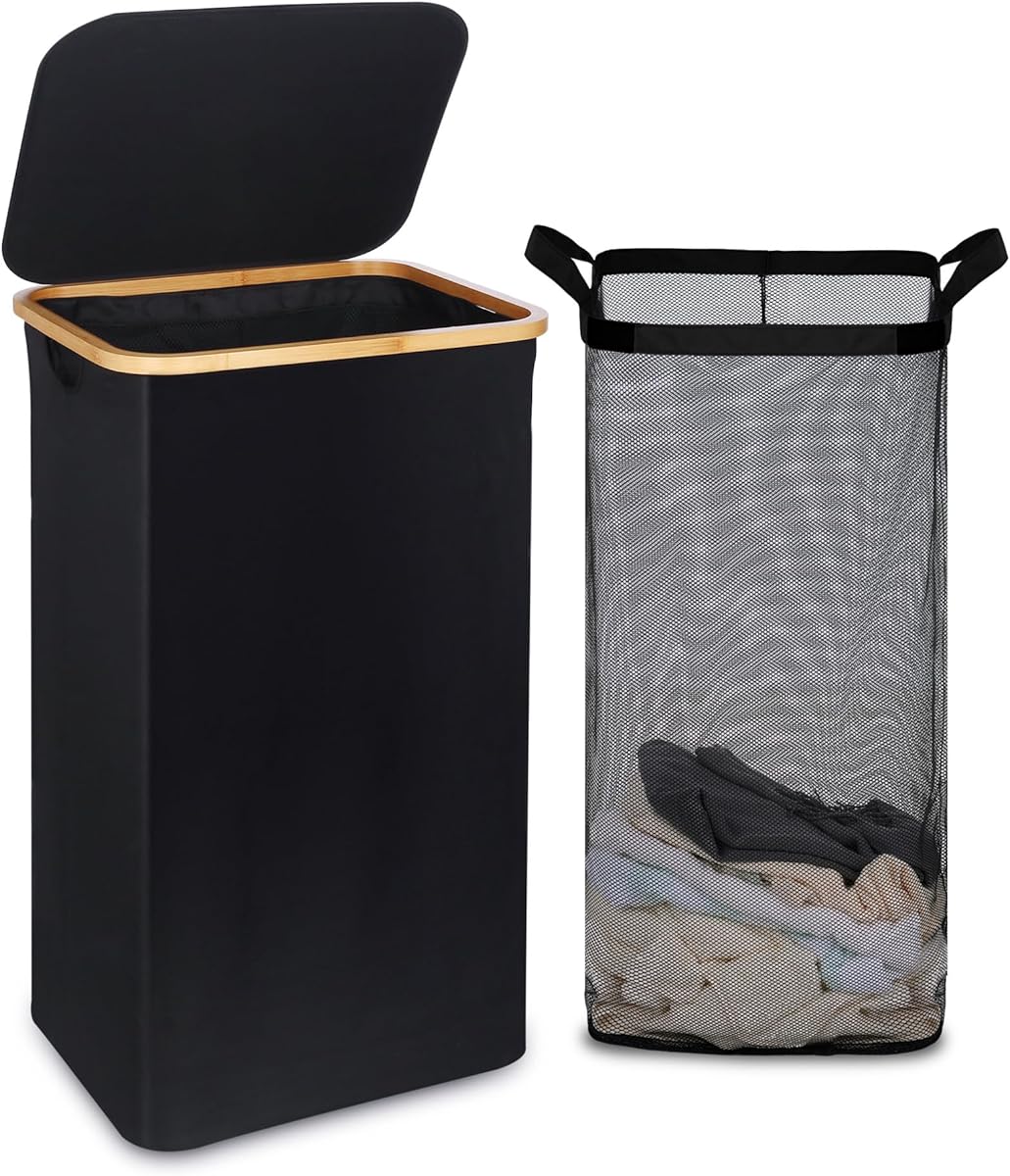 efluky Laundry Hamper with Lid, 100L Tall Laundry Basket with Bamboo Handles for Clothes and Toys, Collapsible Laundry Hamper with Inner Bag for Bedroom and Bathroom, Black