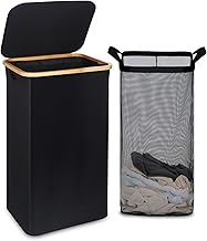 efluky Laundry Basket with Lid and Removable Bag, 100L Tall Laundry Hamper with Bamboo Handles, Aesthetic Dirty Clothes Bin for Laundry Room, Bathroom, Bedroom and Dorm, Black