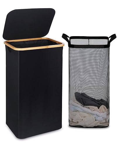 efluky Wäschekorb mit Deckel, 100 Liter hoher Wäschebox mit Bambus