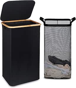efluky Laundry Hamper with Lid, 100L Tall Laundry Basket with Bamboo Handles for Clothes and Toys, Collapsible Laundry Hamper with Inner Bag for Bedroom and Bathroom, Black