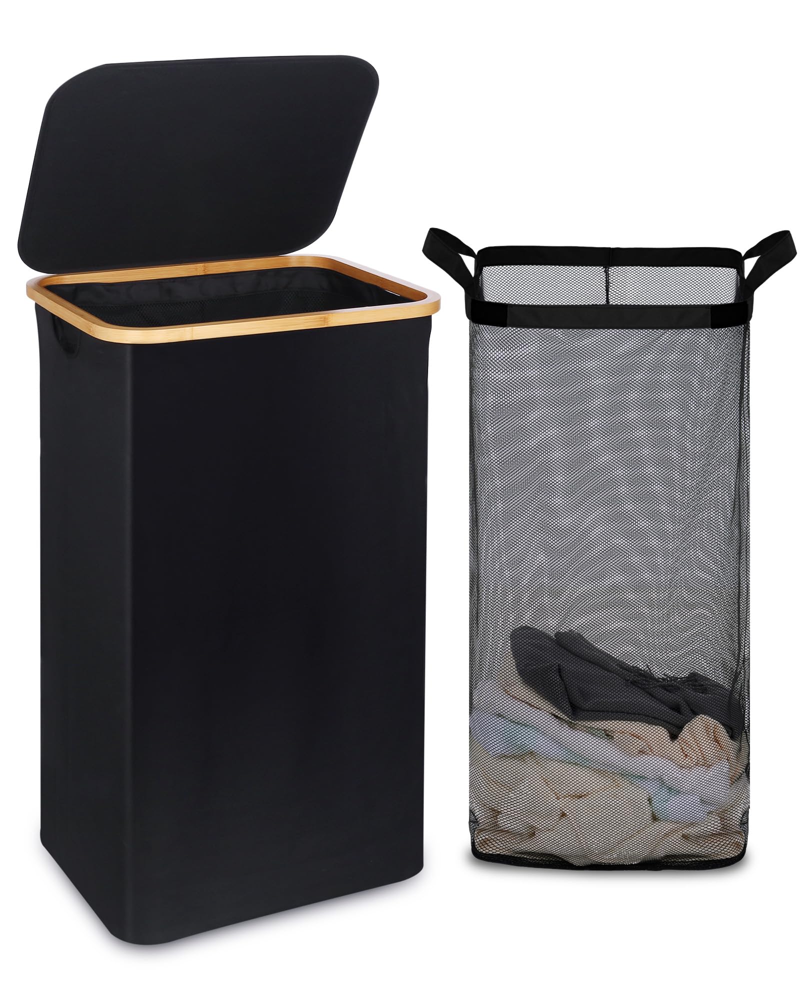 efluky - Cesto portabiancheria grande con coperchio, alto, 100 L, manici in bambù, per riporre vestiti e giocattoli, cesto pieghevole autoportante, borsa interna, per camera da letto e bagno, nero