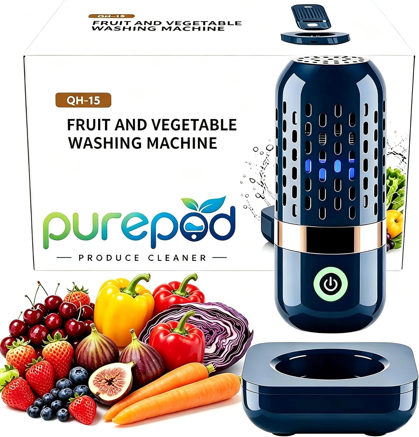 Purepod Vegetable Cleaner Portable Washer, IPX7 Waterproof, 10-Min Auto Clean for Fruits, Veggies, Meat & Seafood, Cordless for Home, Travel & Camping,Blue